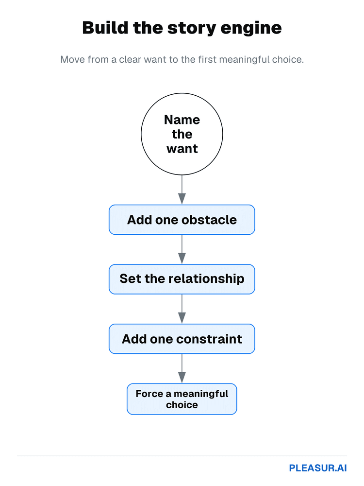 Five-step story-building flow: name the want, add an obstacle, set the relationship, add one constraint, and force a meaningful choice.